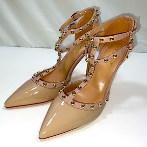 Women’s Comfity High Heel T-Strap Riveted‎ Sandals Apricot Beige Size 7.5